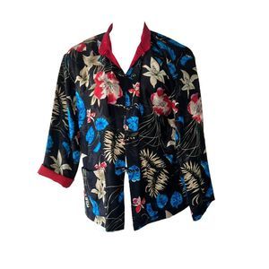 Chico's Stunning Reversible Silk Black Floral To Red Asian Mandarin Jacket